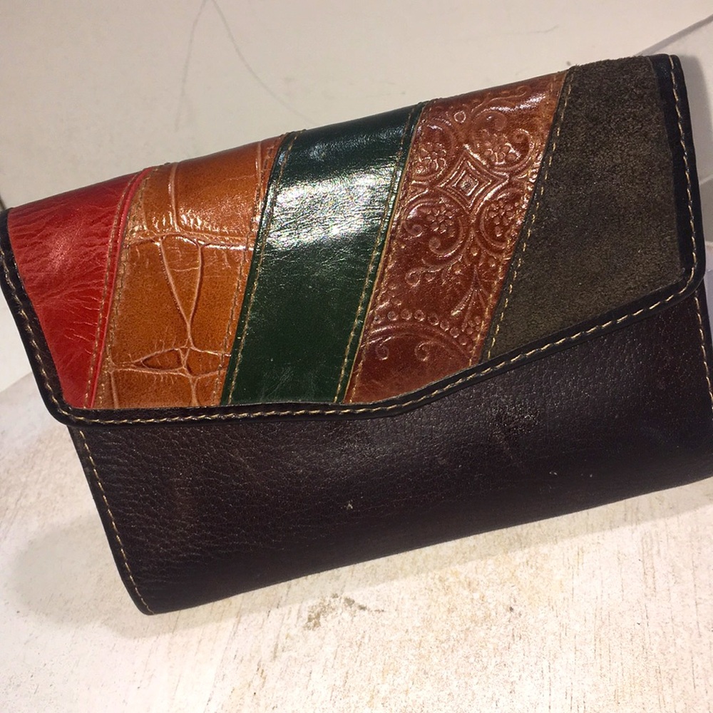 Fossil vintage bohemian leather patchwork wallet multi organizer